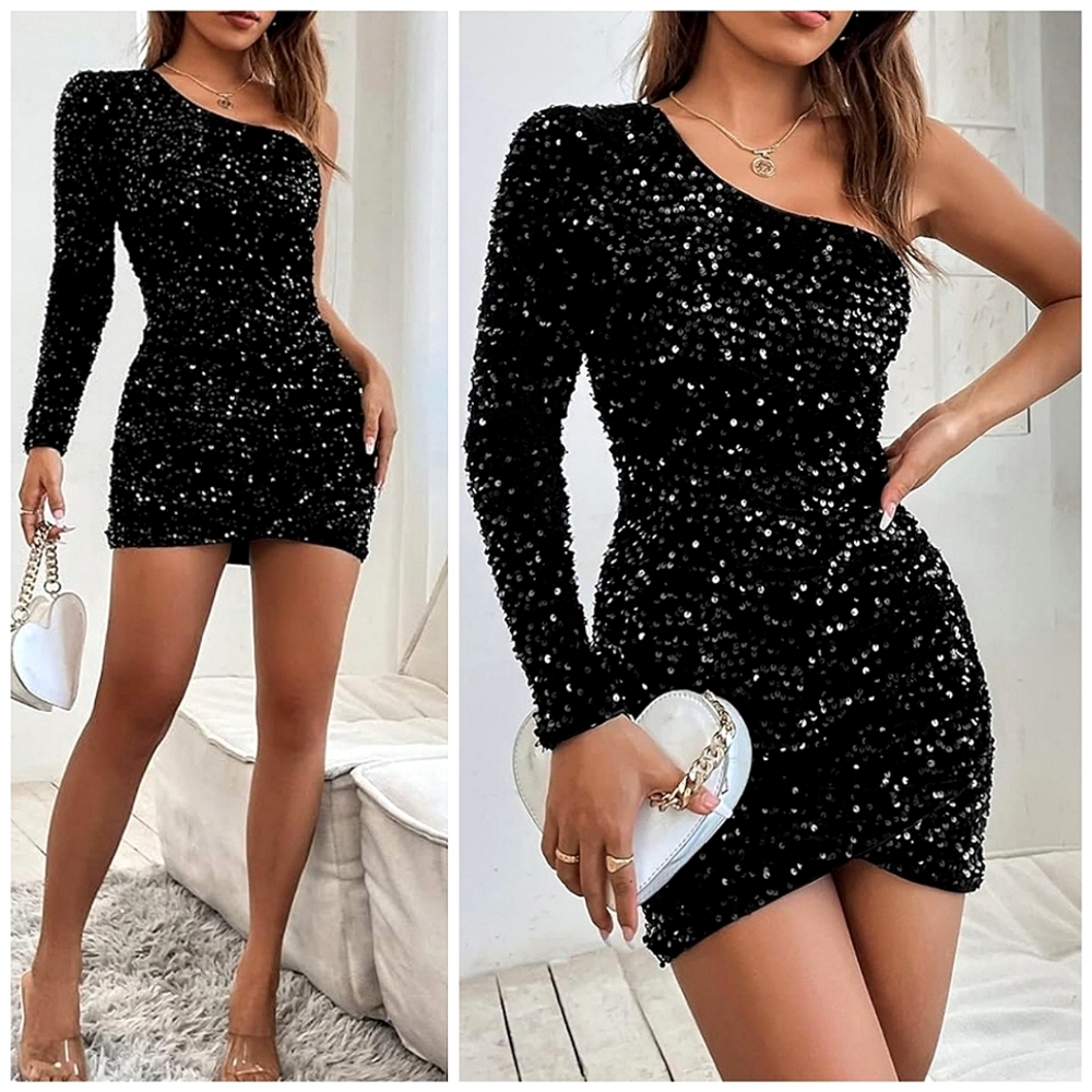 New Sequin Velvet One Shoulder Bodycon Mini Dress Black